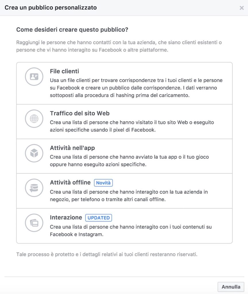 pubblico personalizzato facebook o Facebook custom audience